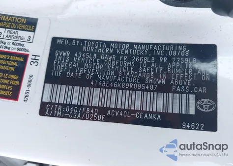 2009 Toyota Camry Le z USA, uszkodzony, nr VIN 4T4BE46K89R095487